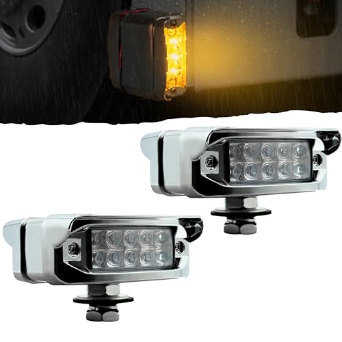 2x High Low Function Amber/Red 20 LED Marker Lights (Clear Lens) Turn Signal w/Visor Double Face Chrome Pedestal Lights Front Bumper Lights Replacement for Peterbilt/Kenworth/Freightliner Trucks 12V - color: Clear Lens (Red/Amber)