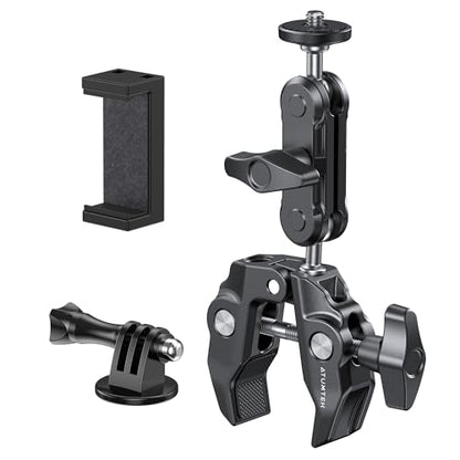 ATUMTEK Super Camera Clamp Mount with 1/4" and 3/8" Threads, Dual Ballhead Magic Arm 360° Ball Head Grip, Phone/Action Camera Mount Adapter for Canon Nikon DSLR Camera, GoPro/Insta360/INSTAX/DJI