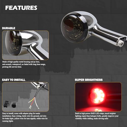 Chrome Bullet Rear LED Turn Signals, Motorcycle Brake Taillights 12V Tail Lights Compatible with Halrey Sportster 1200 883 Softail Fatboy 1990-2024 - color: Chrome