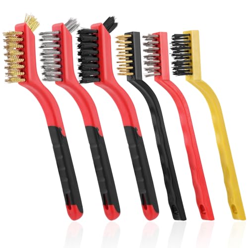 6 Pieces Wire Brushes Set, Small Metal Brass/Stainless Steel/Nylon Brushes for Cleaning Metal Rust Remover and Paint Removal - color: Red+3 Mixed Color