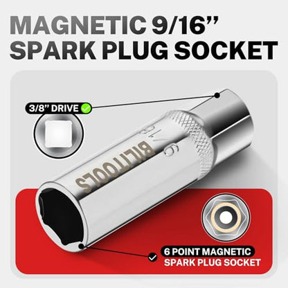BILITOOLS 9/16" Magnetic Spark Plug Socket, 3/8-Inch Drive, 6-Point, CR-V Steel for Easy Spark Plug Removal and Installation - size: 9/16'' Magnetic