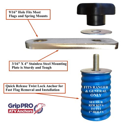 GripPRO Flag Mount Fits Polaris Lock & Ride Bed Holes on Ranger & General, Quick Release UTV ATV Flag Pole Holder for 1-7/16" Mounts, for XP, Crew, 1000, Not for RZR or 1" Hole Models, US-Based Brand