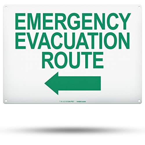 TRADESAFE Emergency Evacuation Route Sign - Evacuation Plan With Arrow Left, Quick Install Aluminum Safety Sign, Light Reflective, UV-Resistant, Waterproof, 14” X 10” Signs for Business - style: Emergency Evacuation Route Arrow Left