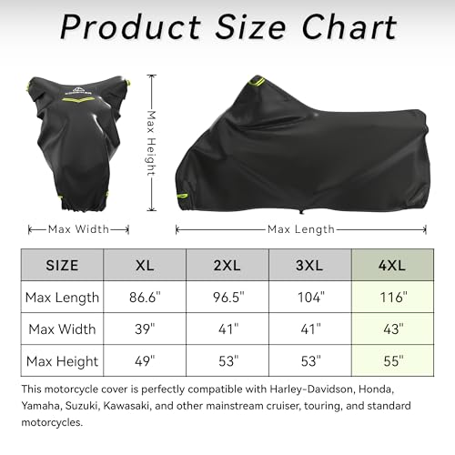 Motorcycle Cover 300D Waterproof Outdoor Night Reflective Breathable Vents All Season Rain Sun Dust Protection Universal Fit Powersports Vehicle Cover with Lock-Holes Fits up to 116" - size: 116"