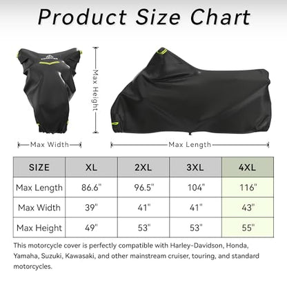 Motorcycle Cover 300D Waterproof Outdoor Night Reflective Breathable Vents All Season Rain Sun Dust Protection Universal Fit Powersports Vehicle Cover with Lock-Holes Fits up to 116" - size: 116"