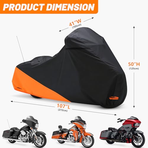 Waterproof Motorcycle Cover for Touring Models Made for Harley Davidson Road King Road Glide Street Glide Electra Glide Low Rider-ST Indoor & Outdoor All Weather Protection (Black & Orange) - size: Side Box