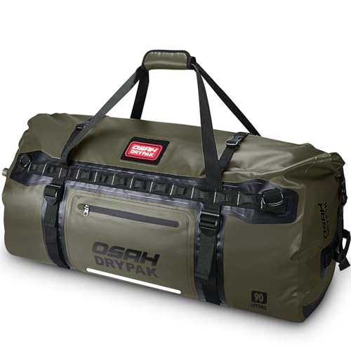 OSAH DRYPAK Waterproof Duffel bag Roll-Top Travel Duffel Bag Heavy Duty Waterproof Bag with Straps & Handles 90L/120L/150L for Camping, Boating, Traveling, Motorcycling, Hunting - color: Olive green, size: 90L
