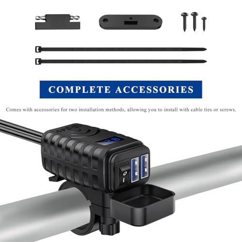 Motorcycle USB Charger, Dual Port Quick Charge 3.0 Motorcycle Charger with Voltmeter & ON/Off Switch, Waterproof Quick Disconnect SAE to USB Adapter for Phones Tablets GPS