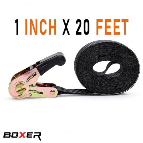 BoxerTool BXR Black Strap Down Ratcheting Securing Straps 1" x20' Track Spring Fittings, Tie-Down Motorcycles, Trailer Loads, Kayak, Rubber Handle Ratcheting Strap - size: 1"x20' - 2pcs