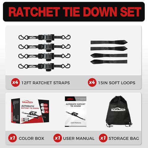 Retractable Ratchet Straps with Soft Loops (4 Pack)-(1,500lb Break Strength)-1 Inch x 12 Feet Heavy Duty Auto Self Retracting Tie Down Strap for Truck, Cargo Trailer, Motorcycle, Rad & More - color: Black Retractable