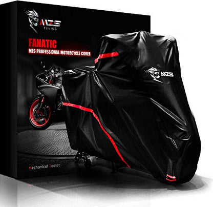 MZS Motorcycle Cover - All Season Weather Outdoor Waterproof Protection fits up to 86 inch L Compatible Sport Bikes Cruiser - Vents Night Reflective Tear Scratch Proof Sunblock Adjuster Buckle - size: Large 86 inches