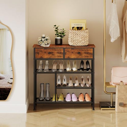Snughome Shoe Rack for Entryway, 4 Tier Shoe Organizer with 2 Non-Woven Drawers, Shoe Storage Shelves with Sturdy Wooden Top and Metal Shelves, Shoe Stand for Closet - size: 4 Tier (29.53"H)