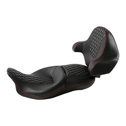 C.C. RIDER One-Piece Driver Passenger Seat with Wrap-around King Tour Trunk Backrest Pad fit for Harley Touring Road King FLHR Street Glide FLHX Road Glide FLTRX 2014-2023 - color: 08# Red+ Backrest