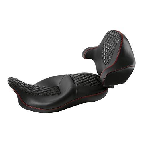 C.C. RIDER One-Piece Driver Passenger Seat with Wrap-around King Tour Trunk Backrest Pad fit for Harley Touring Road King FLHR Street Glide FLHX Road Glide FLTRX 2014-2023 - color: 08# Red+ Backrest
