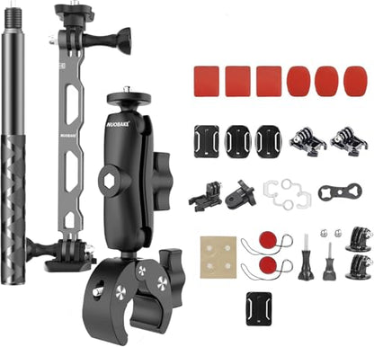 Universal Action Camera Mount Bundle for Motorcycles & Bikes, 1/4" Thread Handlebar Clamp & Adhesive Helmet Kit, Compatible with Insta360 X5/X4/X3/X2, GoPro Hero 13/12/11/10/9, DJI Osmo Action etc - style: Basic+Selfie Stick