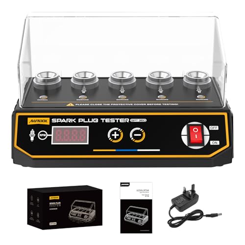 AUTOOL Spark Plug Tester Automotive Engine Ignition Coil Tester 200-9000rpm Adjustable Working Frequency, Five Holes Spark Plug Gap Tool with Protective Cover Adjustable Height - size: SPT360