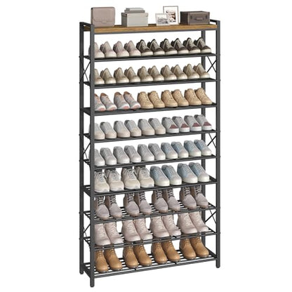 YATINEY 10-Tier Shoe Rack, 39.4" L Shoe Shelf for 45-50 Pairs of Shoes, Tall Shoe Storage Organizer with Metal Frame, Large Capacity Shoes Rack for Entryway, Closet, Rustic Brown and Black SS39BR - size: 39.4" x 11" x 68.5"
