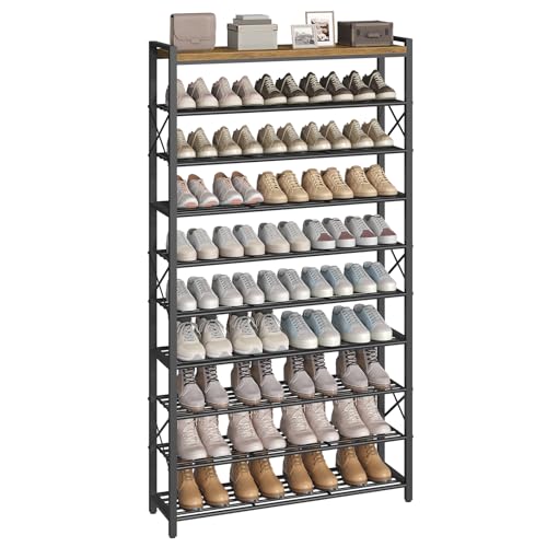 YATINEY 10-Tier Shoe Rack, 39.4" L Shoe Shelf for 45-50 Pairs of Shoes, Tall Shoe Storage Organizer with Metal Frame, Large Capacity Shoes Rack for Entryway, Closet, Rustic Brown and Black SS39BR - size: 39.4" x 11" x 68.5"