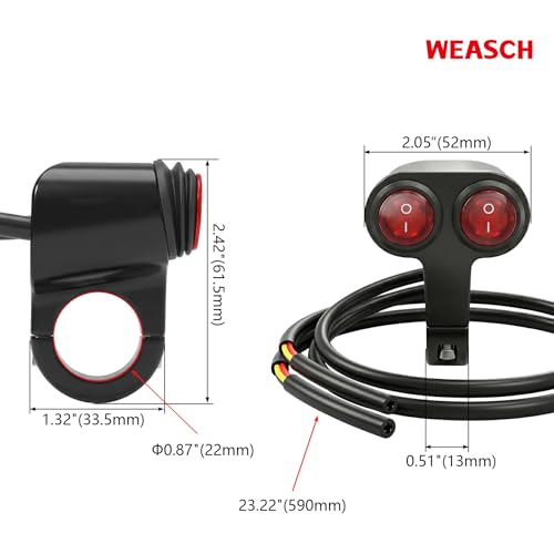 Universal Dual 7/8" 22mm Motorcycle Handlebar Switch, 12V Waterproof Handle Bar ON Off Toggle Switch with Red LED Indicator Light for Motorcycle ATV Dirt Bike Scooter Marine Fog Light