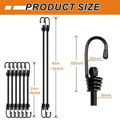 BEXSLE Bungee Cords with Hooks, Heavy Duty Outdoor Elastic Bungee Straps，No Odour Industrial Grade Bungee Rope for Securing Tarps, Luggage,Tents, Bikes or Garden Tidying 24in6pcs + 48in2pcs (Black) - size: 24 inches x 6 pcs + 48 inches x 2 pcs