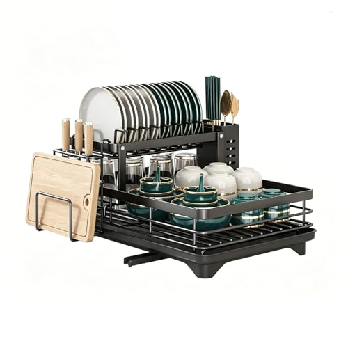 2-Tier Dish Drying Rack with 360° Rotating Drainage, Detachable Utensil Holder , Rust-Resistant Carbon Steel Dish Drainer for Kitchen Counter - color: Black