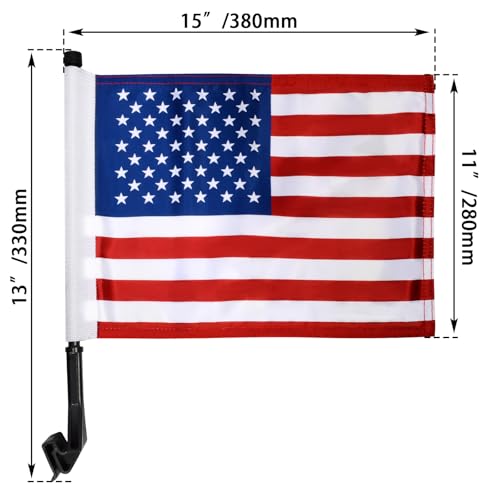 FOVPLUE 15" x 11" American Flag Kit,Clamp On Motorcycle Flag Pole Mount for Harley Touring Hard Saddlebags,Trunk,Luggage Carrier,car/truck roll-down window,Fits Electra Glide/Road King/Street Glide