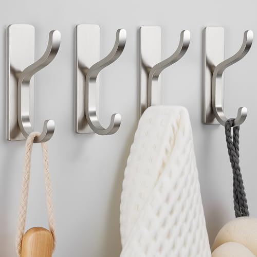 pickpiff Adhesive Wall Hooks for Hanging Towels - Heavy Duty Stick On Hooks, Strong Hold up to 13 lbs, Hangers for Coats, Bags, Purses, Ideal for Door, Closet, or Bathroom, Brushed Silver,4 Pack - color: Brushed Silver, size: 4 Pack