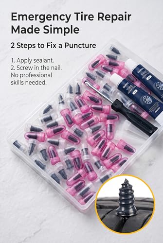 63 PCS Tire Repair Rubber Nails Kit with 2 Tubes of Black Tire Sealant Glue, Screw in Tire Plugs Set for Cars Motorcycles Trucks - size: 63 PCS Tire Sealant Glue Included