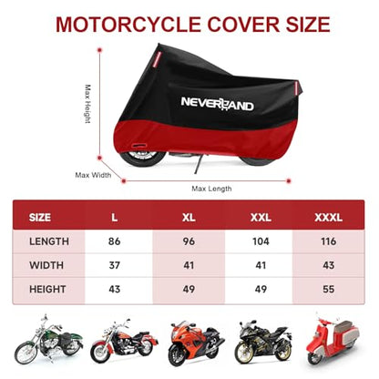 NEVERLAND Motorcycle Cover Waterproof Outdoor, 300D Motorcycle Cover Heavy Duty Outdoor All Season Protection, Universal Motorbike Cover with Night Reflective, Lock-Holes, Storage Bag (Up to 86") - size: L