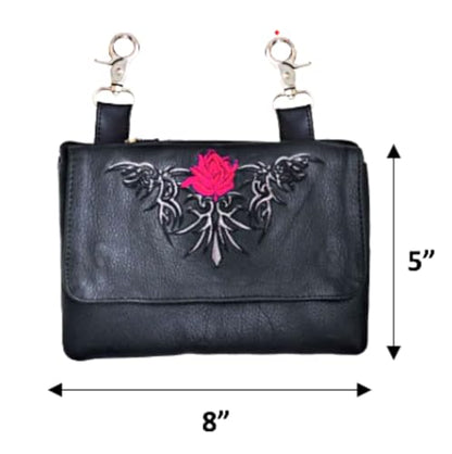 Hip Purse For Women Leather Clipon Purse for Biker Red Flower Fanny Pack Waist Pack Motorcycle Leg Bag Leather Belt Pouch Crossbody Belt - color: Red Flower