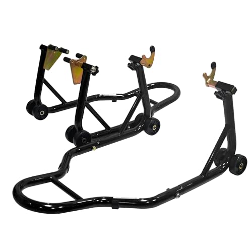Motorcycle Front & Rear Wheel Lift Stand Combo, 440lbs per stand (880lbs Total) Steel Paddock Stands with Adjustable Fork & Swingarm Spool Heads