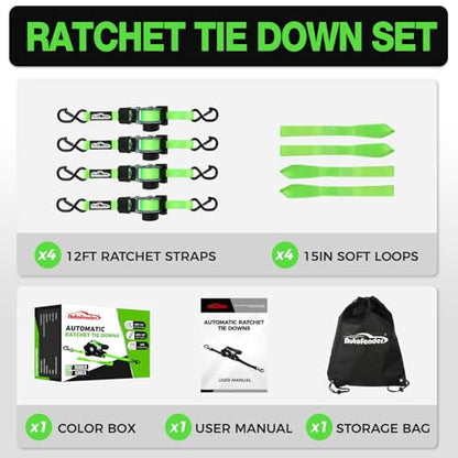 Retractable Ratchet Straps with Soft Loops(4 Pack)-(1,500lb Break Strength) -1 Inch x 12 Feet Heavy Duty Auto Self Retracting Tie Down Strap for Truck, Cargo Trailer, Motorcycle, Rad & More - color: Green Retractable