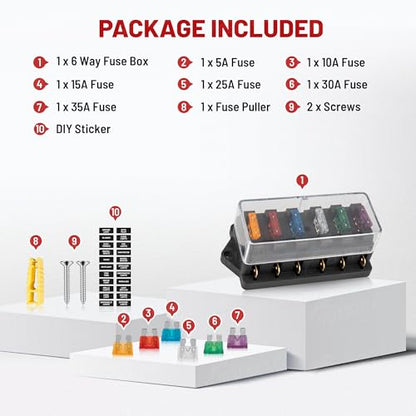 RED WOLF 6 Way Fuse Block Blade Fuse Box with Standard Circuit Fuses for Boat Marine Vehicle Auto RV Car Trailer Truck SUV Power Distribution Panel Waterproof Cover DC 10-32V - size: 6 Way