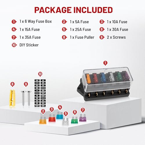 RED WOLF 6 Way Fuse Block Blade Fuse Box with Standard Circuit Fuses for Boat Marine Vehicle Auto RV Car Trailer Truck SUV Power Distribution Panel Waterproof Cover DC 10-32V - size: 6 Way