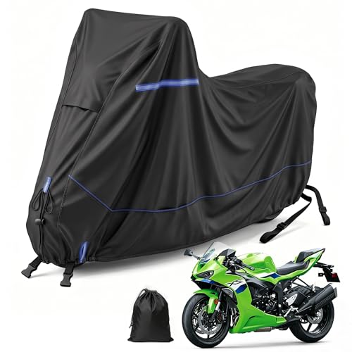 Heavy-Duty Waterproof Motorcycle Cover Fits Kawasaki Ninja 400 500 650 Z900 ZX-6R (No Trunk) for Outdoor Storage, All Weather Protection with Windproof Buckles & Multi-Vent