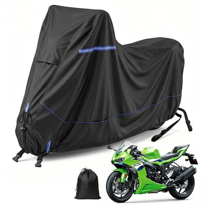 Heavy-Duty Waterproof Motorcycle Cover Fits Kawasaki Ninja 400 500 650 Z900 ZX-6R (No Trunk) for Outdoor Storage, All Weather Protection with Windproof Buckles & Multi-Vent