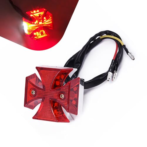 LED Rear Tail Brake Light, Cross High Brightness Modified Tail Light for License Plate Brake & Turn Signal Lamp, Waterproof Housing Integrated Running Lamp, Universal for Most Motorcycle (Red)