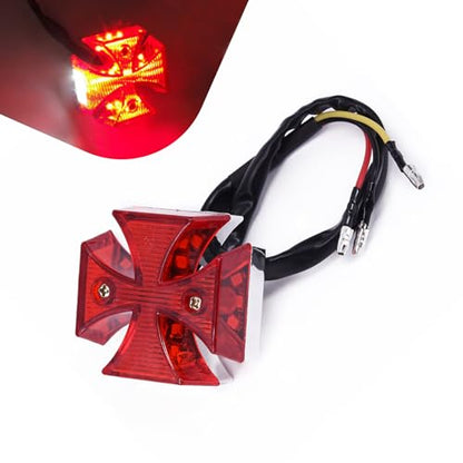 LED Rear Tail Brake Light, Cross High Brightness Modified Tail Light for License Plate Brake & Turn Signal Lamp, Waterproof Housing Integrated Running Lamp, Universal for Most Motorcycle (Red)