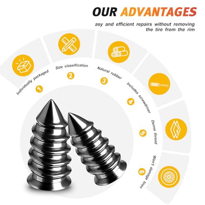 Morcheiong 60 Pcs Tire Repair Rubber Nail Kit Self-Tapping Tire Repair Screws Suitable for Motorcycles Trucks Cars Other Vacuum Tire Vehicles