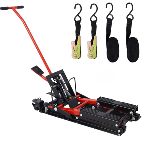 Hydraulic Motorcycle Lift Jack, 1500 LBS Capacity ATV Scissor Lift Jack, Portable Motorcycle Lift Table with 4 Wheels, Hydraulic Foot-Operated Hoist Stand for Motorcycle ATV UTV with tie Down