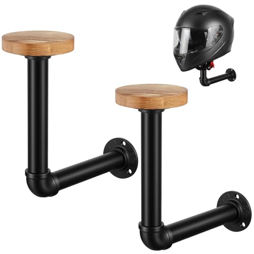 Cowboy Hat Rack -2 Pack Black Metal Pipe & Brown Wood Wall-Mounted Hat & Wig Holder, Hanging Motorcycle Helmet Holder Rack, Rustic Wood Helmet Hooks, Easy Storage for Coats, Hats, Caps