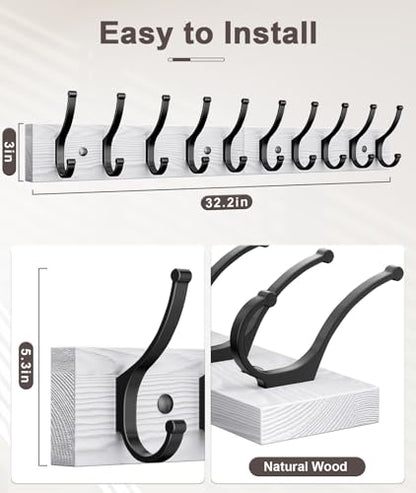 Optish 2 Pack Wooden Coat Rack Wall Mount, 16.1" Rustic Coat Hanger Hooks with 10 Double Hooks, Wall Coat Rack for Hat, Clothes, Bags, Jacket, Brown, White - color: White