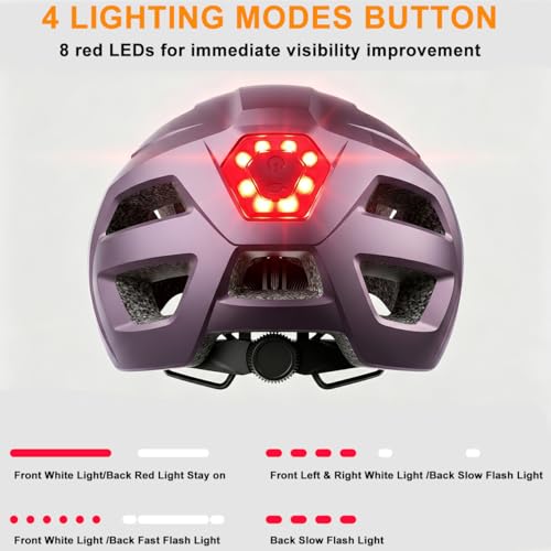 Bike Helmet, Helmets for Adults Men, Front and Back LED Lights Safe Certified MTB Road Bicycle Helmet with Adjustable Brim - color: Purple, size: M (55-58cm)