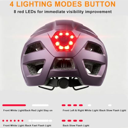 Bike Helmet, Helmets for Adults Men, Front and Back LED Lights Safe Certified MTB Road Bicycle Helmet with Adjustable Brim - color: Purple, size: L (59-61cm)
