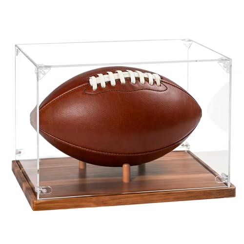 Football Display Case Full Size, Acrylic Clear Box with Wood Stand, UV Protected Memorabilia Holder, for Football Fans & Collectors, Sports Collectibles - size: 13.9ln×8.9ln×1.5ln