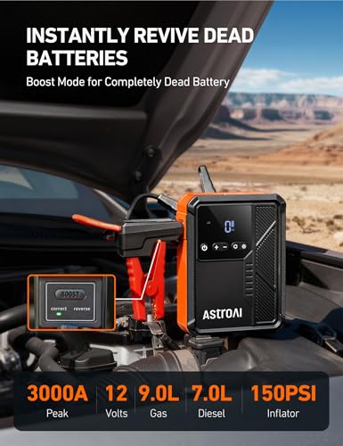 AstroAI Beta822 3000A Jump Starter with Air Compressor, 150PSI Portable Tire Inflator with Auto-Shutoff, 12V Car Battery Booster (9.0 Gas/7.0L Diesel) with LED Light and Jumper Cables, Black - color: Black