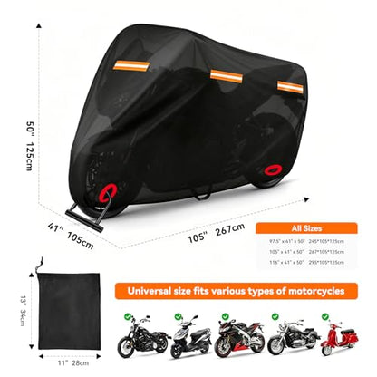 Motorcycle Cover Waterproof PE Aluminum Film Soft Cotton Lining, All-Season Outdoor Protection with Anti-Theft Lock Holes, Windproof Buckle, 5 Reflective Strips, Fits Motorcycles up to 105" - size: 105" x 41" x 50"