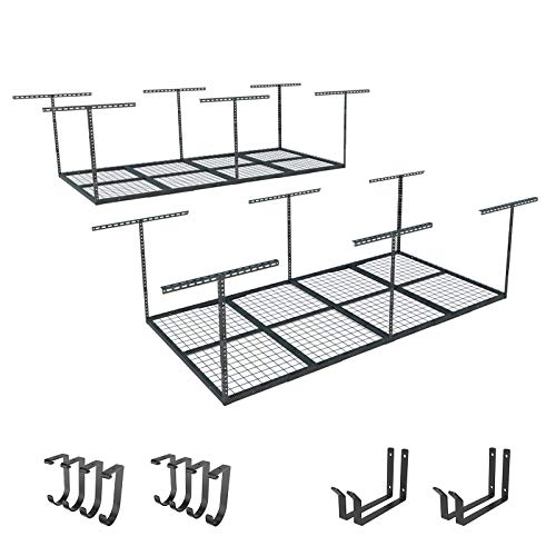 FLEXIMOUNTS 2-Piece Overhead Garage Storage Rack Set w/Hooks Adjustable Ceiling Storage Racks, 96" Length x 48" Width x 40" Height, 2 Sets, Black, Classic Series - color: Black, size: 2pcs 4x8 ft w/hooks