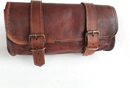 Vintage Motorcycle Genuine Goat Leather 2 Strap Buckle Closure Tool Brown Bag Quick Release Clasp REINFORCED for handlebars,Forks, Sissy Bar - 10"