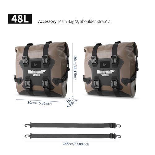 Rhinowalk Motorcycle Saddle Bag Waterproof Side Bag 24-42L, PVC Roll-Top Side Luggage with Magnetic Closure, Lightweight Rear Rack Pannier Bag with Reflective Logo (Brown, 1pair) - color: Brown 24L, 2pc
